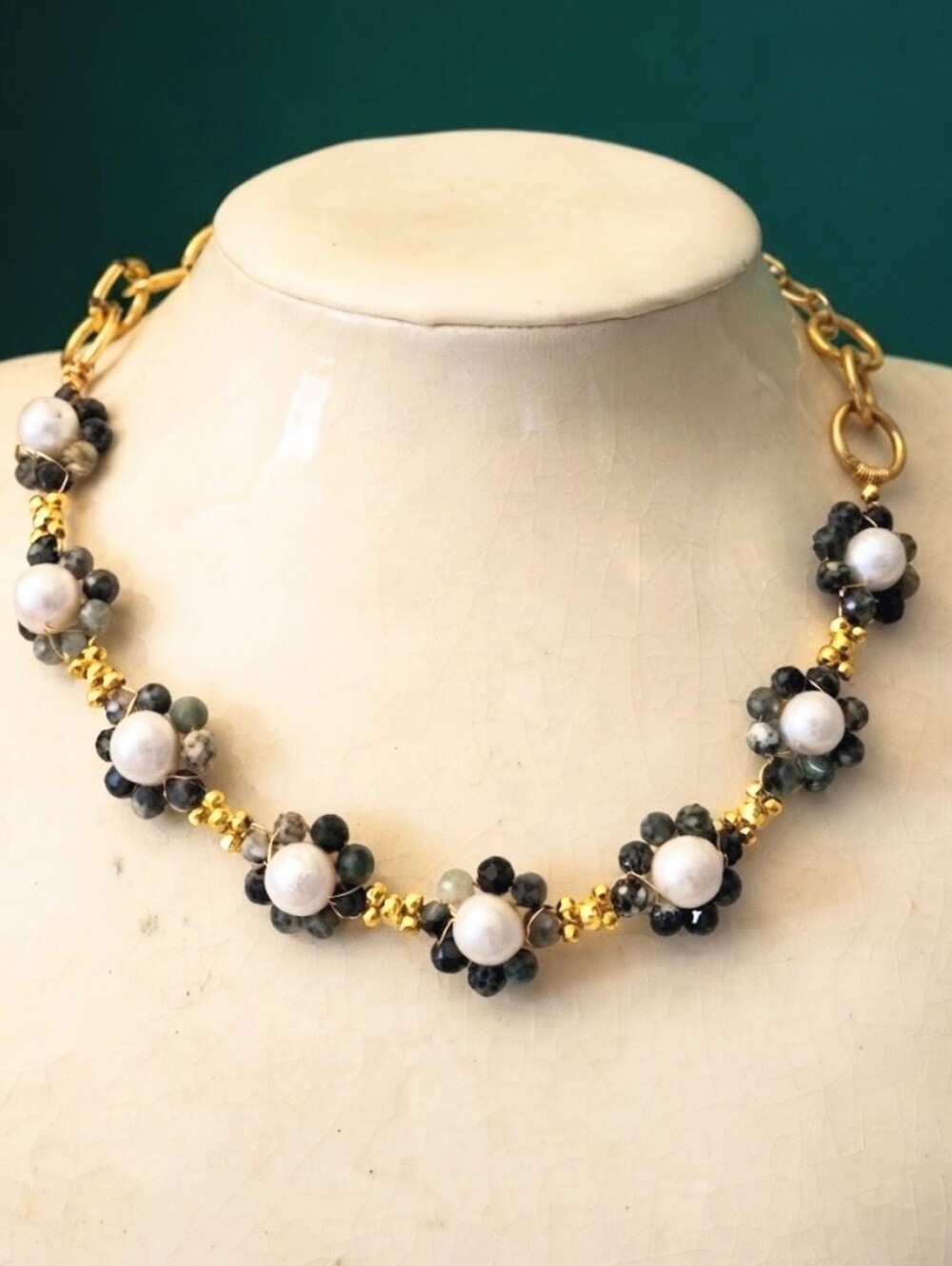 Genuine Emerald Stones & Baroque Pearls In One Of A Kind Handwoven Necklace